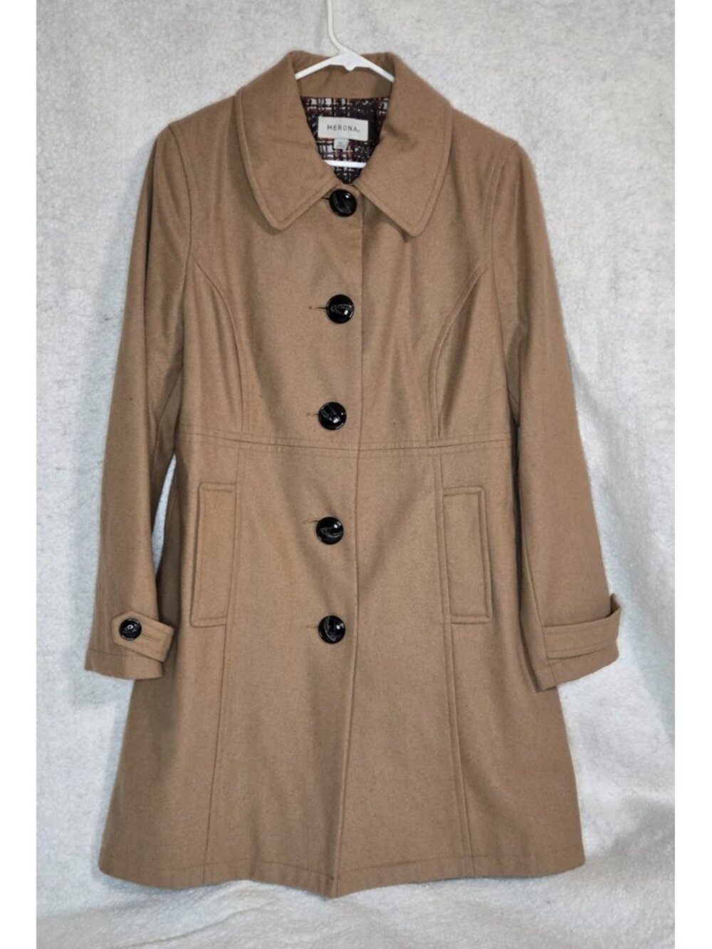 Merona Women's XL Camel Tan Button Front Dress Coat Jacket Pattern Lining